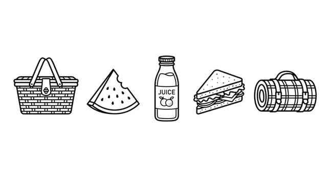Summer picnic icon pack, picnic basket, watermelon slice, juice bottle, sandwich, blanket, line art, black outline, white background

