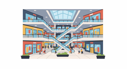 Fototapeta premium Multi-level shopping mall interior with escalators and shops