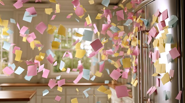 Kitchen eruption of colorful sticky notes, a chaotic yet playful scene