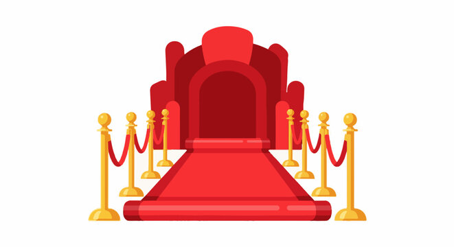 Luxurious red carpet leads to an empty, ornate throne on a white background
