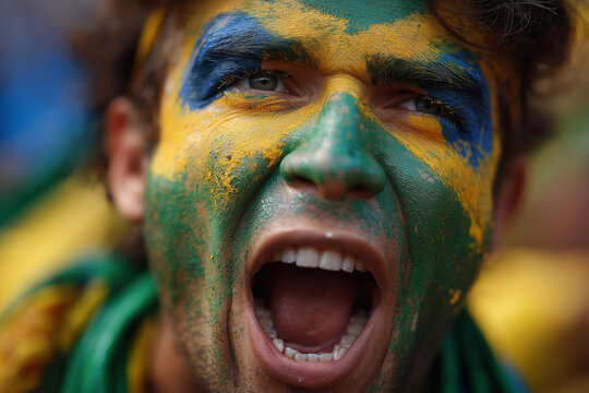 Brazil football supporter with painted face cheering during World Championship final match at tournament 2026.
