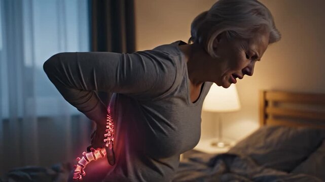 Senior woman suffering from severe lower back pain in bedroom at night with glowing anatomical spine illustration