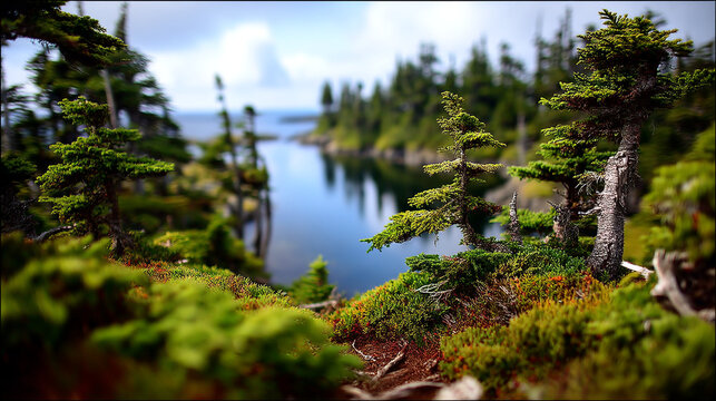 View of a calm lake through pine trees in a mountain forest landscape with mountains