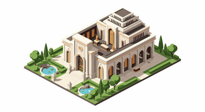 Isometric view of a grand classical building with a manicured garden and ponds