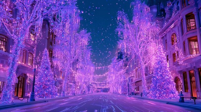 neon glowing trees. futuristic architecture. sparkling digital dust. vibrant purple and pink lighting. whimsical techno-fantasy