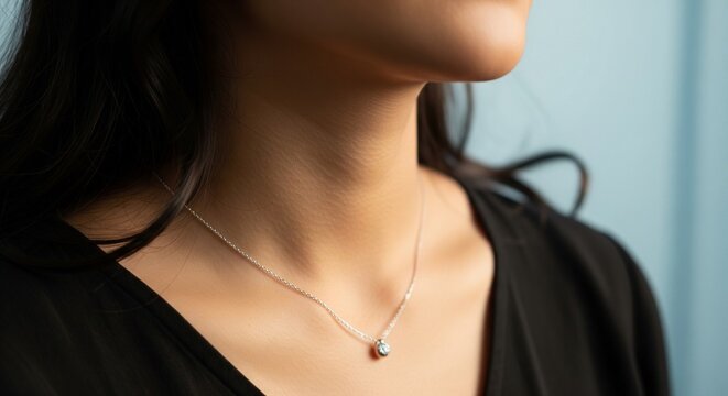 Close-up shot of a woman wearing a black V-neck top and a fine silver chain necklace with a small, sparkly pendant