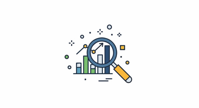 Magnifying glass inspecting a rising bar graph with dots and lines