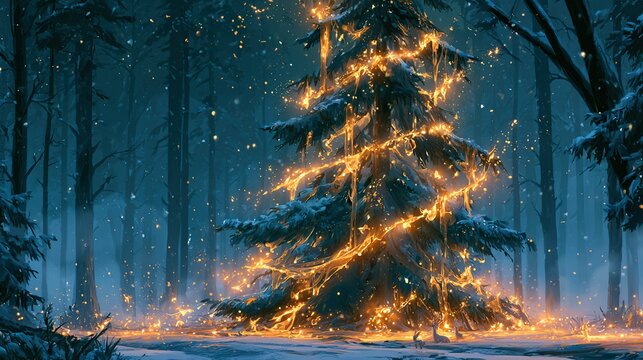 Enchanted winter forest at twilight. magnificent spruce tree draped in glowing liquid gold ribbons of light. studio lighting shallow depth field