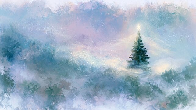 swirling dust. soft pastel colors. hand-painted textures. dreamlike quality. glowing star on top. fluid brushstrokes. golden hour warm glow soft lighting