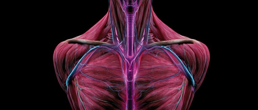 Anatomical depiction of human shoulder and neck muscles, nerves, and vessels