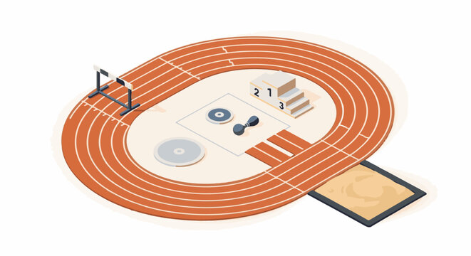 Isometric track and field stadium with hurdles, podium, and sandpit