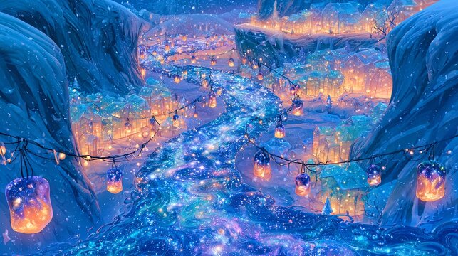 Floating bridge of starlight connecting two snowy cliffs. festive street lined with translucent glass houses. high quality rendering rich visual depth