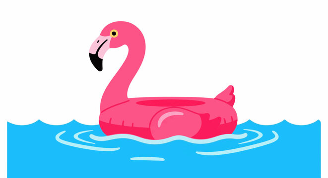 Pink flamingo float rests in bright blue water under white sky