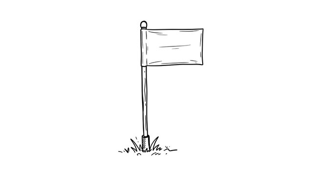 Hand-drawn sketch of a blank flag on a pole planted in the ground, simple doodle style.