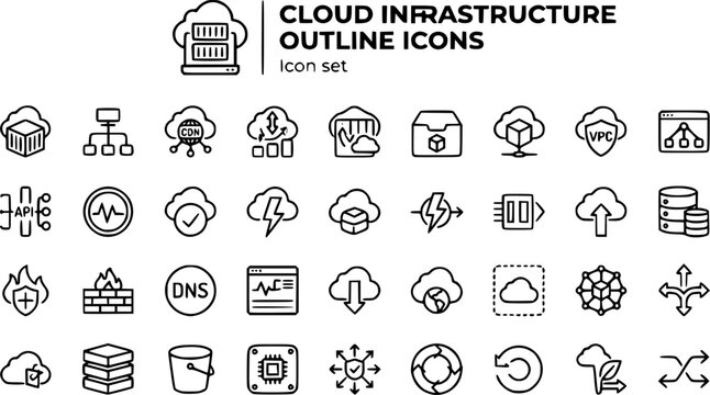 Cloud Infrastructure Outline Icon Set Container Pod Load Balancer CDN Auto-Scale Region Failover VPC Subnet API Gateway Serverless Message Queue Database Firewall DNS 30 Icons Editable Strokes Line 