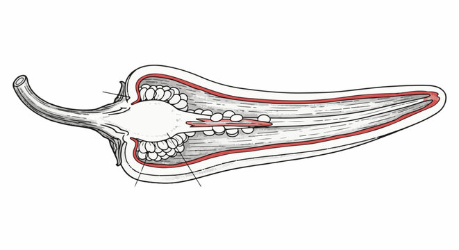Longitudinal section illustration of a pepper showing seeds and inner structure