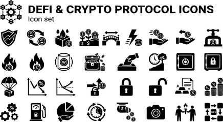 Fototapeta premium DeFi Crypto Protocol Icon Set Stake Swap Liquidity Pool Yield Farm Bridge Flash Loan Borrow Repay Mint Burn Wrap Claim Governance Vote Treasury Vesting Airdrop Slippage 30 Icons Editable Strokes Flat 