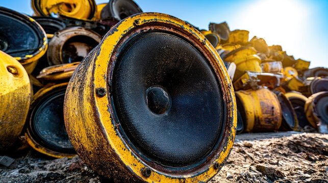 Close-up of a large, weathered, yellow speaker cone amidst a pile of discarded audio equipment