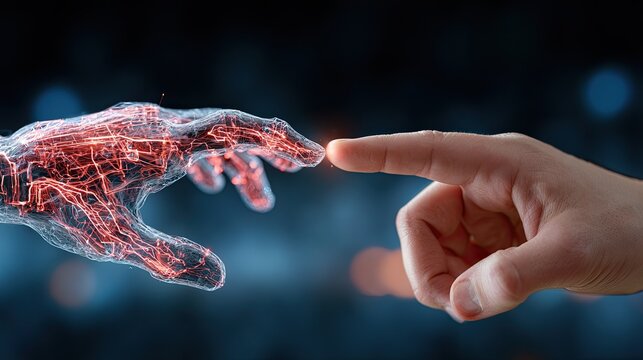 A human finger touches a glowing, translucent robotic hand, signifying connection