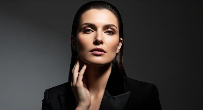 Professional studio portrait of an elegant woman with slicked-back hair looking straight forward. She is wearing a black blazer and touching her neck, with dramatic lighting highlighting her face on a