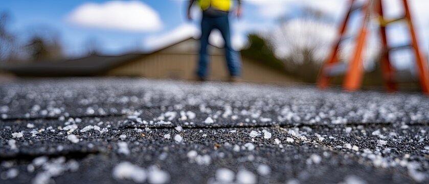 Close up of hail on asphalt shingles with blurry worker and ladder