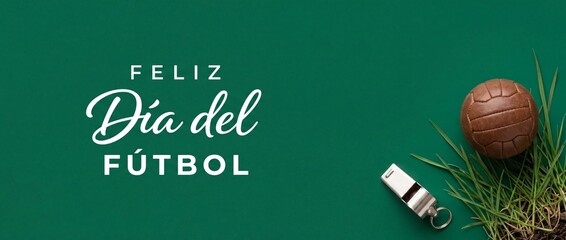 Feliz Dia del Futbol soccer banner background with vintage brown leather ball, referee whistle and green grass on field green tabletop. Minimalist greeting card template space. Celebrate sports days!!