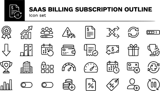 SaaS Billing Subscription Outline Icon Set Trial Upgrade Seat Cap Overage Invoice Cancel Renewal Quota Downgrade Plan Billing Cycle Payment Refund Feature Lock 30 Icons Editable Strokes Line Art Tech 