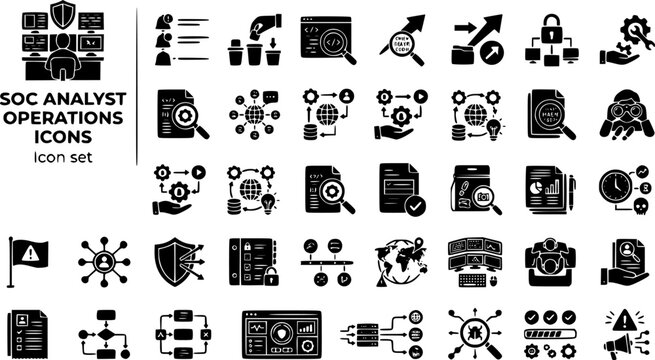 SOC Analyst Operations Icon Set Alert Queue Triage Investigate Escalate Contain Remediate SIEM Playbook Threat Intel IOC Hunt Forensics Report Post-Mortem 30 Icons Editable Strokes Flat Vector 