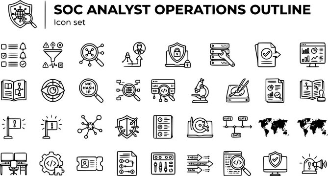 SOC Analyst Operations Outline Icon Set Alert Queue Triage Investigate Escalate Contain Remediate SIEM Playbook Threat Intel IOC Hunt Forensics Report 30 Icons Editable Strokes Line Art Security 