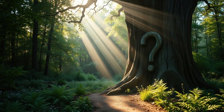 Sunbeams illuminate a forest path leading to an ancient tree with a carved question mark