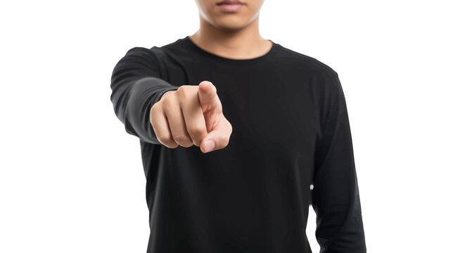 man pointing finger at camera black shirt isolated white background
