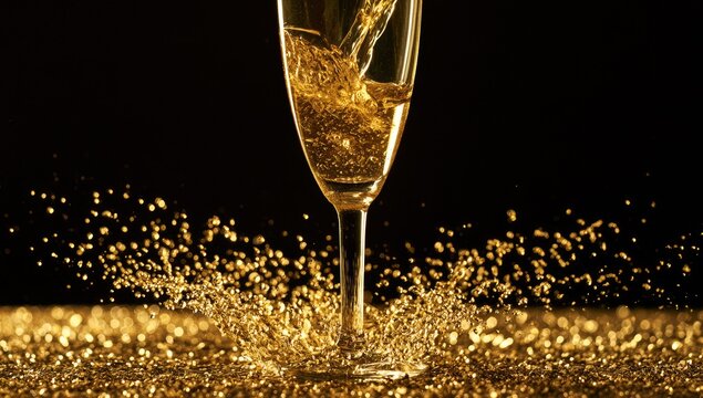 Golden liquid cascades into a glass, creating a shimmering, explosive splash