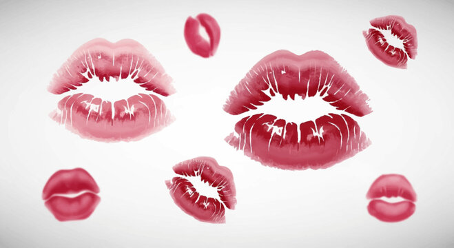 Multiple red and pink lipstick kiss mark imprints of various sizes and shades scattered on a clean white background, featuring detailed lip texture and artistic watercolor style.