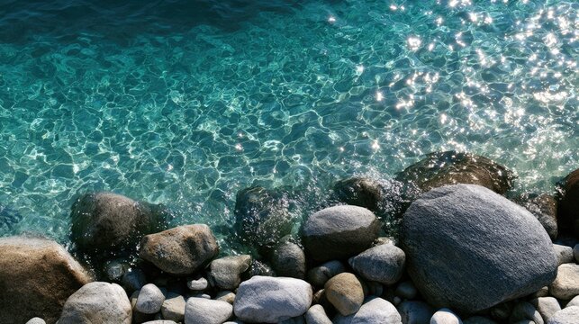 Crystal clear water laps over smooth, round stones on a sunny shore