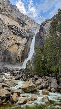Lower yosemite fall cascading down granite cliffs