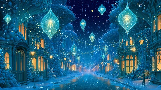 Underwater Christmas street. glowing coral buildings decorated with sea-shell ornaments. bioluminescent jellyfish lanterns
