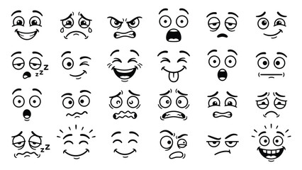 Fototapeta premium Cartoon face expressions vector illustration set of comic eyes mouth line elements for web avatar creator pack