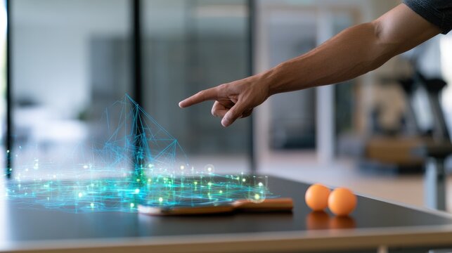 Hand interacts with glowing digital mesh over ping pong table, balls nearby