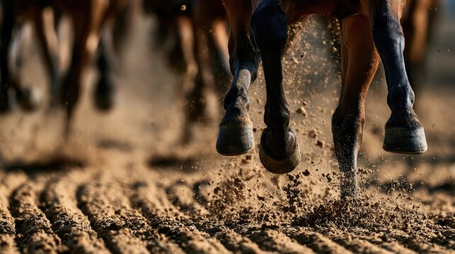 Close-up on hooves kicking up dirt, horses running on a track