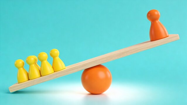 Conceptual illustration of power imbalance on a seesaw. One large figure outweighs a group, symbolizing social disparity, unequal influence, and the challenge for equity
