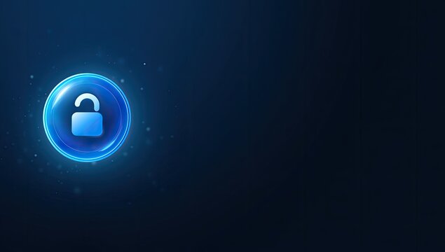 Glowing blue unlocked padlock icon on dark background