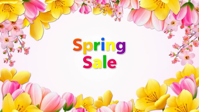 Animation of colorful Spring Sale text and flowers appearing on a white background