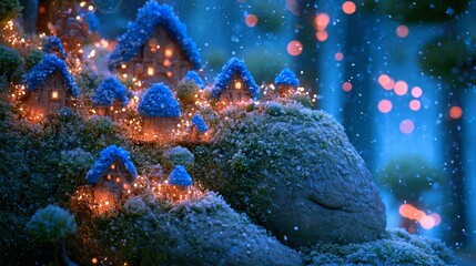 Fototapeta premium tiny glowing houses. snow falling on golems mossy back. atmosphere. 3D stylized art. heavy bokeh. vibrant bioluminescence