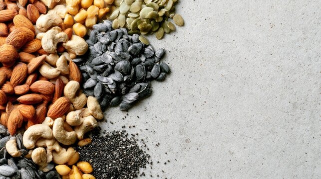 Assortment of healthy nuts and seeds artfully arranged on a light textured surface