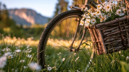 Fototapeta premium A rustic bicycle basket overflows with daisies, set against a sun-drenched mountain meadow