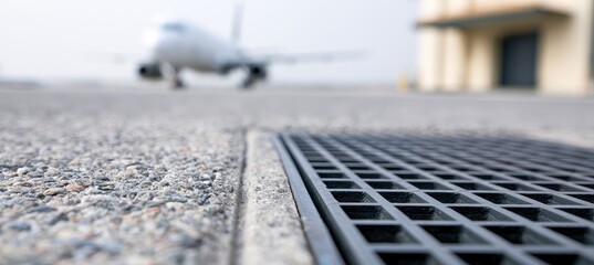 Obraz premium Close-up of grate on tarmac with blurred airplane and building in background