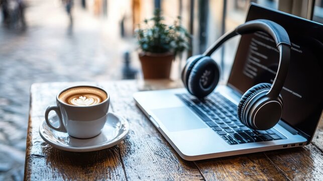 Freshly brewed coffee with latte art served beside a modern laptop and wireless headphones on a rustic wooden cafe table