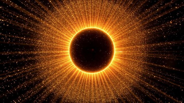 Solar eclipse energy burst with glowing ring, sun corona and radiant starburst rays in cosmic space starfield abstract golden light scene