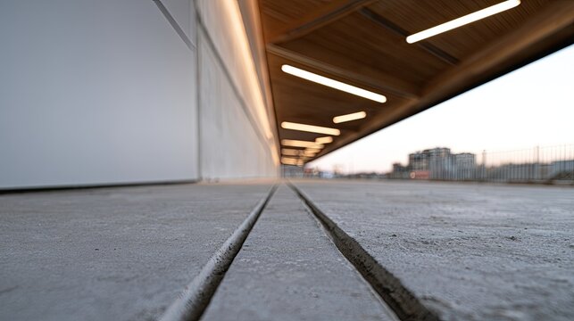 Low angle view of a modern walkway with linear lights and urban background