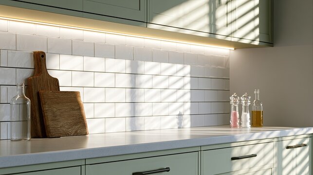Sunlit kitchen counter with subway tile backsplash and cutting boards